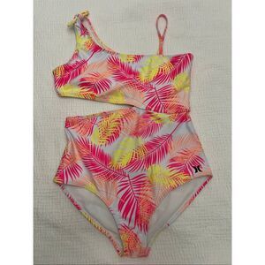 Hurley Girls Asymmetric Cutout Tropical Palm One-Piece Swimsuit Sail Size Small